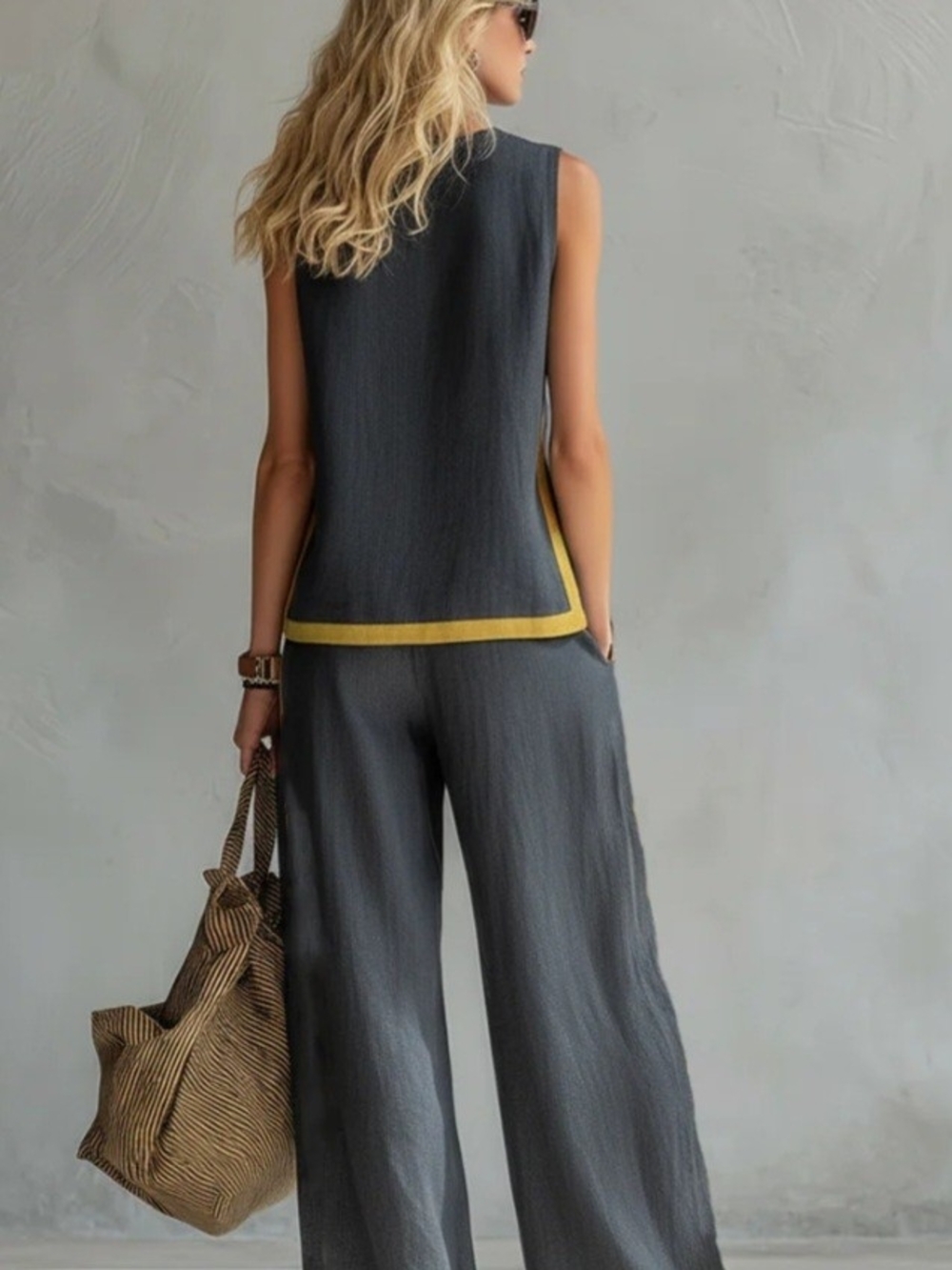 Sleeveless Gray Wide-Leg Jumpsuit with Yellow Trim Size Xl - Picture 2 of 3